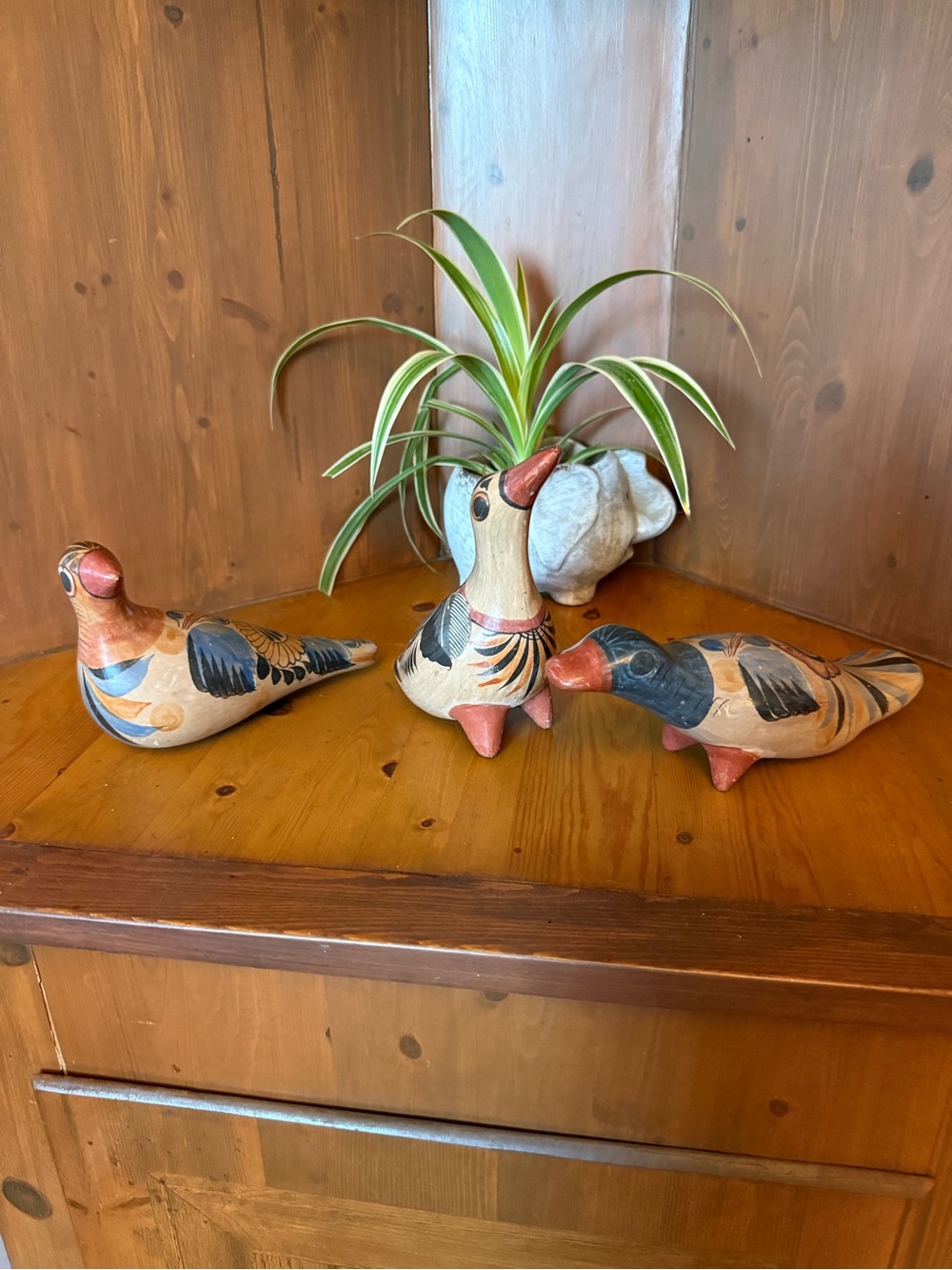 handcrafted painted Tonala Mexican pottery bird figurines  Ceramic Bird Trio